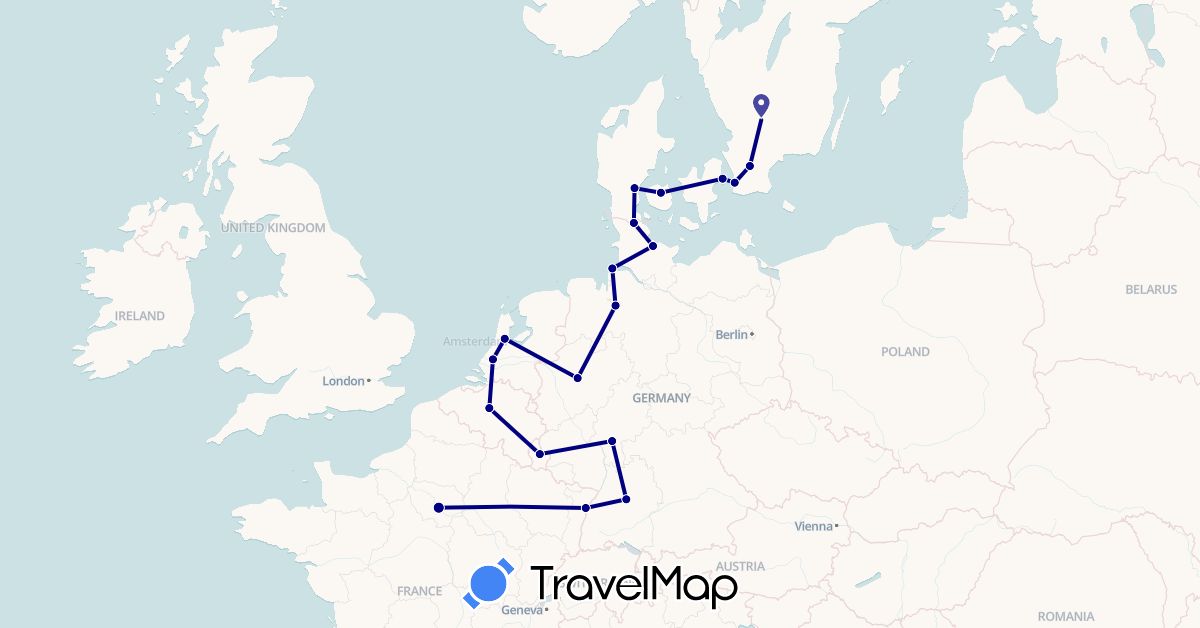 TravelMap itinerary: driving in Belgium, Germany, Denmark, France, Luxembourg, Netherlands, Sweden (Europe)